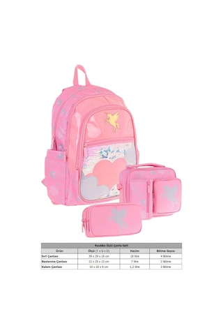 Kaukko Kids Kız Çocuk - Pembe Pullu Bulut Desenli - Okul Çanta Seti Sırt Çantası+beslenme Çantası+kalemlik Pembe
