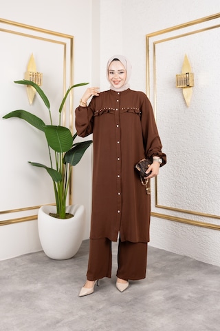 Ayrobin Kumaş İnci Detaylı Takım / T105 - Kahverengi Kahverengi