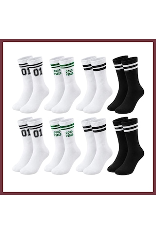 Storeşahin Unisex Çorap Çizgili 8'li Set 07 Good Vibes Yazılı Siyah Beyaz Uzun Soket Spor Kolej Stil Çorap Shn0720 Çok Renkli