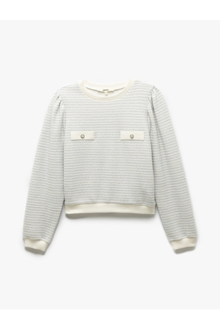 Koton Uzun Balon Kol Aplike Detaylı Bisiklet Yaka Çizgili Sweatshirt Mavi Desenli 5sak10009pk Mavi Desenli Mavi
