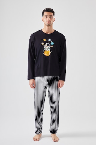 Erkek Pamuklu Uzun Kollu Üst Astronot Baskılı Alt Çizgili Pijama Takımı Ke30106 Siyah - Beyaz