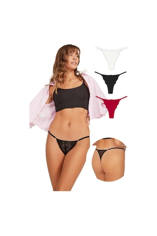 Cottonhill Önü Dantelli Tül Detaylı Kadın Tanga 3'lü Paket Külot - 3 Renkli-3 Çok Renkli