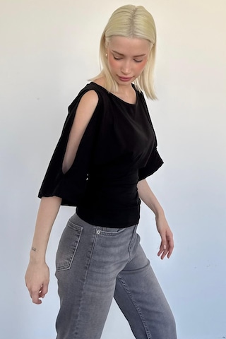 Madmext Siyah Belden Büzgülü Yarasa Kollu Açık Omuz Bluz Mg2672 Siyah