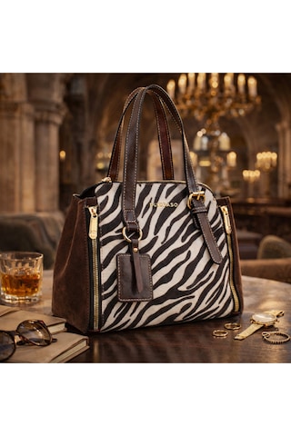 Dukidaso Kahverengi Zebra Desenli Kadın Omuz Çantası Kahverengi T8347 Kahve