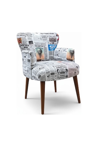 Roma Modern Tekli Koltuk Berjer - Dijital Baskılı Kumaş - Ahşap Ayak - Gazete Desen Gazete Desen