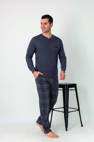 Estiva Erkek Kareli Alt Desenli Füme Uzun Kollu Patlı Penye Pijama Takımı Çok renkli