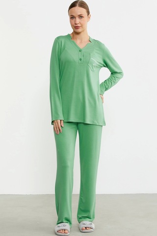 Feminight Sementa 76438 Yarım Düğmeli Cep Detaylı Pijama Takım Yeşil