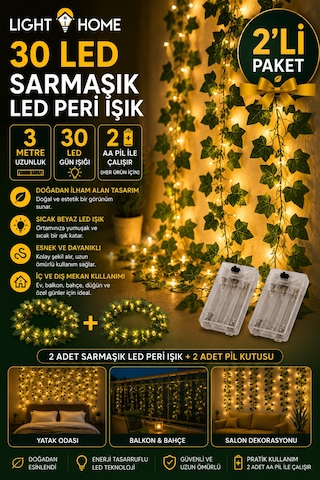 2 Adet Yapay Sarmaşık Led Işık Dekoratif Işıklı Sarmaşık Led Oda Duvar Yatak Odası Parti Yılbaşı Dekoru Her Biri 3 Metre 30 Led Sarı