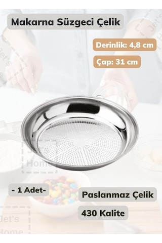 Makarna Süzgeci 31 Cm Paslanmaz Çelik Süzgeç İnce Metalik Gri