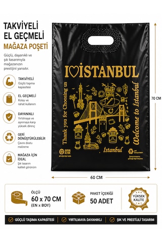 Takviyeli El Geçme İstanbul Tasarımlı Poşet 60x70-mağaza Poşeti-50adet