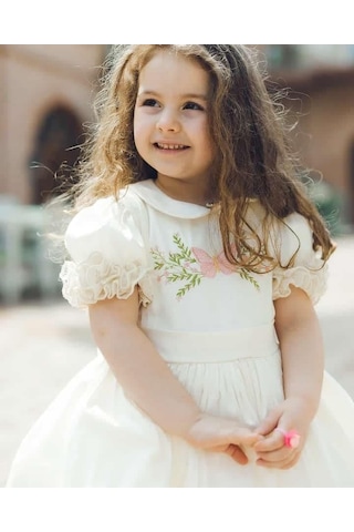 H L Y Karol Tasarım Krem Saten Nakışlı Kız Bebek Elbisesi,özel Dikim Çocuk Elbisesi, Doğum Günü Elbisesi, 0-12 Yaş KREM