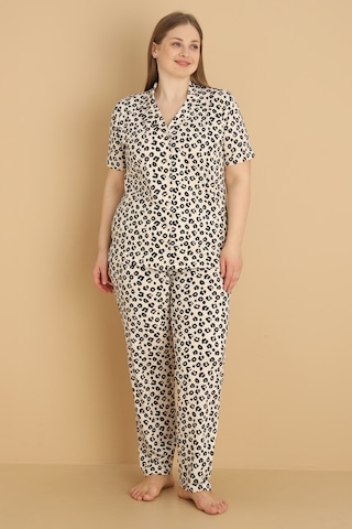 Wordex Mirano 2850 Desenli Milan Kumaş Kısa Kollu Düğmeli Büyük Beden Kadın Pijama Takımı Leopar
