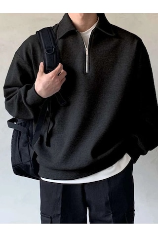 Genius Store Polo Yaka Yarım Fermuar Oversize Erkek Sweatshirt - Siyah