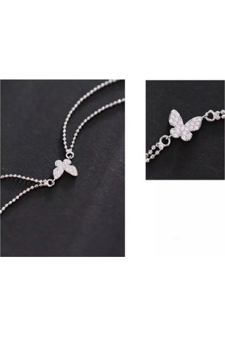 925 Ayar Gümüş Kristal Tasli Çift Sıra Zincirli Kelebek Bileklik