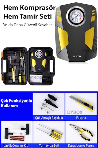 Dybox Pro Basınç Göstergeli Kompresör Oto Araç Lastik Şişirme Pompası Ve Tamir Seti 150 Psi-12v Sarı