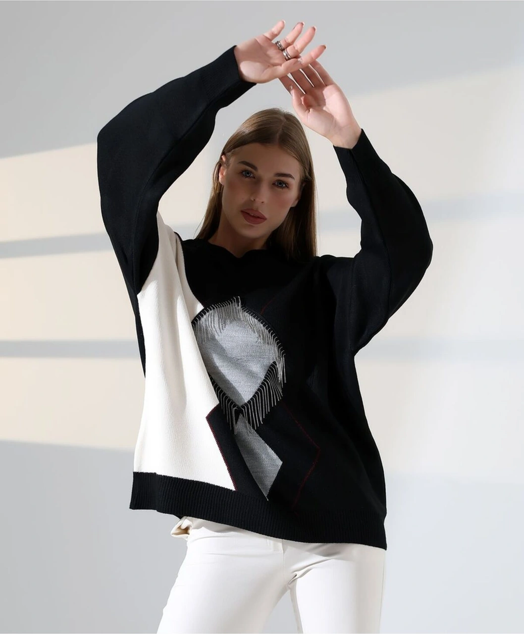 Redmina Fashion Geometrik Desenli Oversize Kadın Kazak Siyah - Beyaz Gri