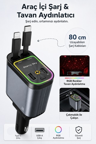66w Tavan Aydınlatmalı 4'ü 1 Arada Araç Şarj Adaptörü 80 Cm Uzayabilen Kablolu Araç Şarj Cihazı