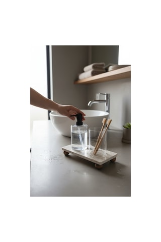 Akayev Traverten 23x12 Cm Ahşap Boncuk Ayaklı Yağdanlık Ve Sıvı Sabunluk Standı Ekru