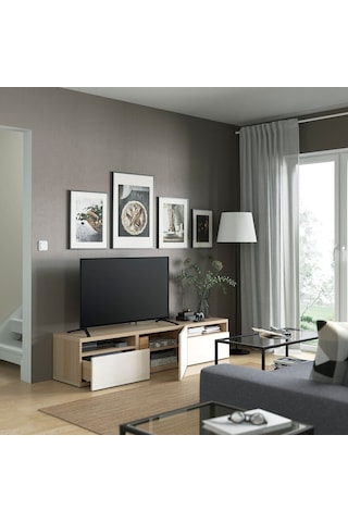 Tv Sehpası, Ağartılmış Meşe Görünümlü-parlak Cila-beyaz, 180x42x39 Cm, Selsvıken, Fren Raylı Beyaz