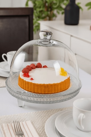 Cam Kapaklı Ayaklı Kek Ve Pasta Sunum Fanusu 22 Cm Şeffaf