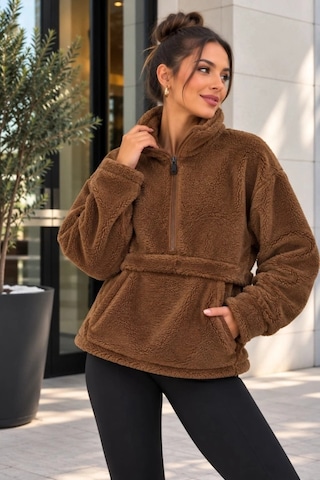 DefyModa Kadın Yarım Fermuarlı Kanguru Cepli Peluş Wellsoft Sweatshirt Kahverengi