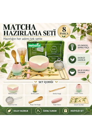 Herbarius 8 Parça Pastel Pembe Mint Geçişli Parlak Beyaz Renk Matcha Çayı Hazırlama Seti - Geleneksel Japon Matcha Seti Pastel Pembe Mint Geçişli Beyaz
