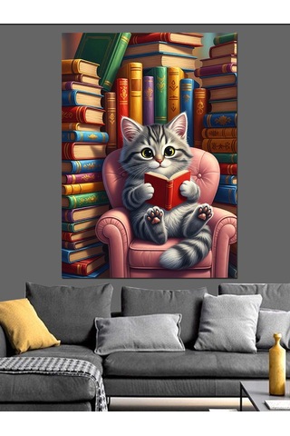 Ahşap Tablo Kütüphanede Kitap Okuyan Kedi