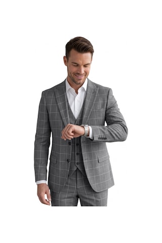 Deepsea Erkek Koyu Gri Slim Fit 3 Lü Takım Elbise Yelekli Ekose Desenli Çift Düğme Takım Elbise 2600501