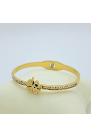 Taşlı Yonca Çelik Kelepçe Gold