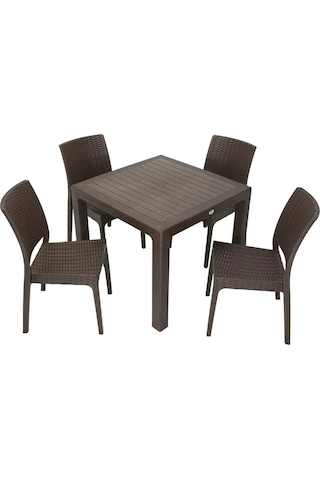 90x90cm Rattan 4 Kişilik Kare Masa Seti Kolsuz Sandalye Acı Kahve