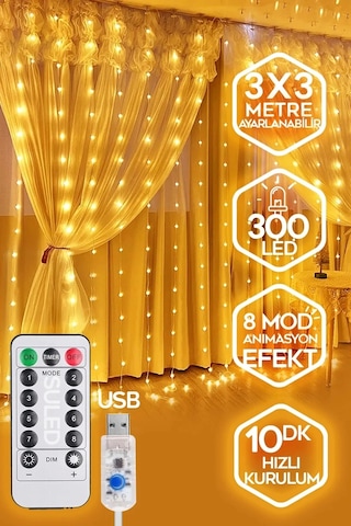 Vtn-67 10 Saçaklı 300 Ledli Sarı Led Kumandalı 8 Modlu Perde Led