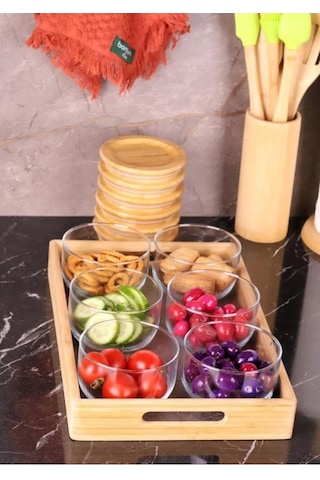 Duo 300ml 6'lı Tepsili Bambu Kapaklı Cam Kahvaltılık Ahşap - Şeffaf
