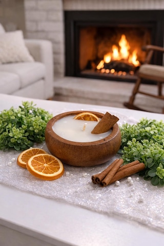 Tarçın Ve Portakal Aromalı Kokulu Otantik Kase Mum Soya Mum Hediyelik Açık Ahşap