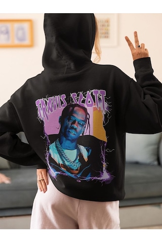 Sevbano Travis Scott Baskılı Unisex Oversize Rapper Şarkıcı Hoodie Siyah