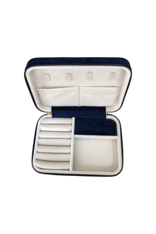 Özer Kutu Fermuarlı Deri Ahşap Kasalı Büyük Boy Takı, Seyahat Ve Mücevher Çantası Lacivert Süet 14x21 Cm