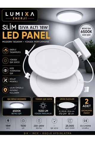 18w Slim Panel Led Spot Beyaz Işık İç Çap 20,5 Cm Dış Çap 22 Cm 1530 Lümen 2 Adet