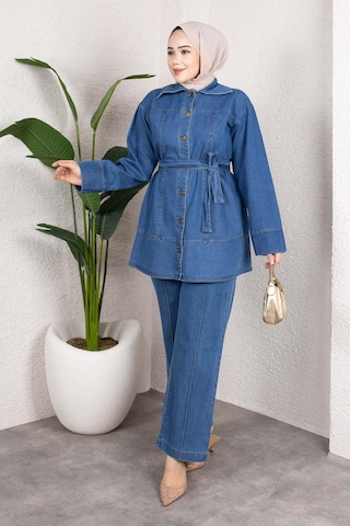 Misskayle Kuşaklı Düğmeli Denim Takım Rahat Kesim İkili Kombin Açık Mavi Açık