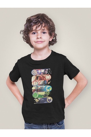 Sevbano Unisex Yenilmezler Kahramanlar Baskılı Avengers Film Çocuk Tişört Siyah