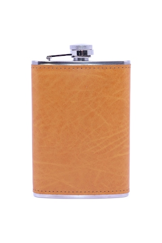 Turuncu Deri Kaplama Paslanmaz Çelik Cep Matarası - Hip Flask 9 Oz