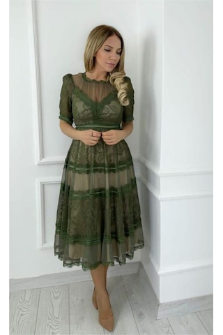 Ges Moda M1376 Dantel Tasarım Elbise Haki-haki