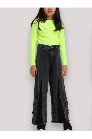 Escabel Kız Çocuk Yüksek Bel Bol Paça Yırtık Detaylı Mom Jean-13660-füme Füme