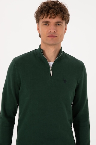 U.S. Polo Assn. Erkek Slim Fit Yarım Fermuarlı Koyu Yeşil Basic Kazak 50313695-VR079