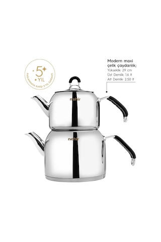 Nehir Modern Maxi Büyük Boy Paslanmaz Çelik 1.6-2.5 Lt. Çaydanlık Takımı
