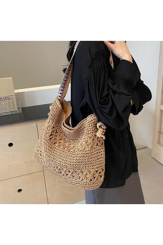 Novahub Haki Kadın Yaz Plaj Dokuma Hasır Omuzdan Askılı Çanta, Geniş Kayış, Büyük Kapasiteli Alışveriş Tote, Seyahat Ve Tatil İçin Haki