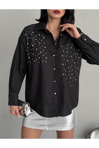 Kadın Taşlı Premium Kalite Uzun Kollu Oversize Gömlek Siyah