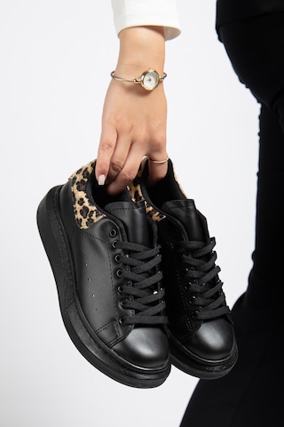 Erceka Günlük Kullanıma Uygun Kadın Sneaker Spor Ayakkabı Bağcıklı Siyah Renkli Leopar Siyah - Leopar