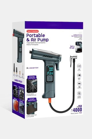 4000 Mah Taşınabilir Dijital Hava Kompresörü Led Işıklı Şarjlı Lastik & Top Şişirme Pompası Gizli Emniyet Kemeri Kesici Ve Araç Camı Kırma Aparatlı Siyah