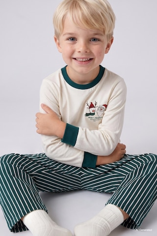 Defacto %100 Pamuk Baskılı Uzun Kollu Üst Çizgili Alt Flanel 2li Dokuma Pijama Takımı Erkek Bebek I3389a526wner118 Ekru-er118