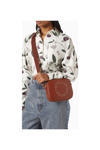 Stella Mccartney Alter Mat Vegan Deri Studded Logo, Mini Kamera Omuz Çantası Kahverengi