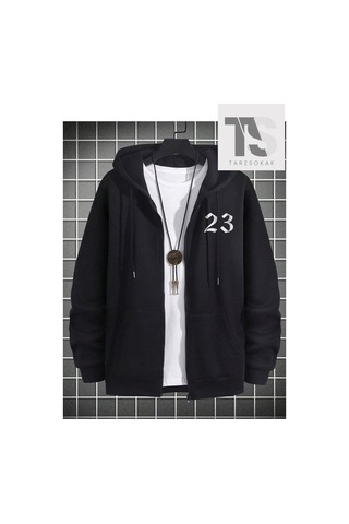 Tarzsokak 23 Logo Sweatshirt Fermuarlı Hırka Siyah